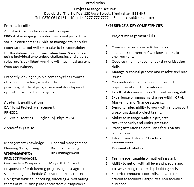 project manager resume sample