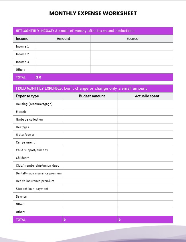 Blank monthly expense sheet