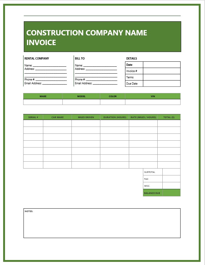 Example construction invoice template