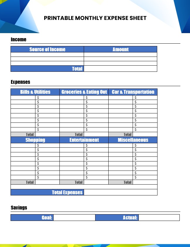 Printable monthly expense sheet