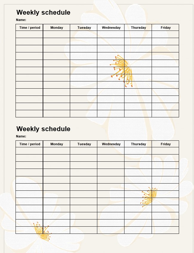 Two Table printable weekly schedule