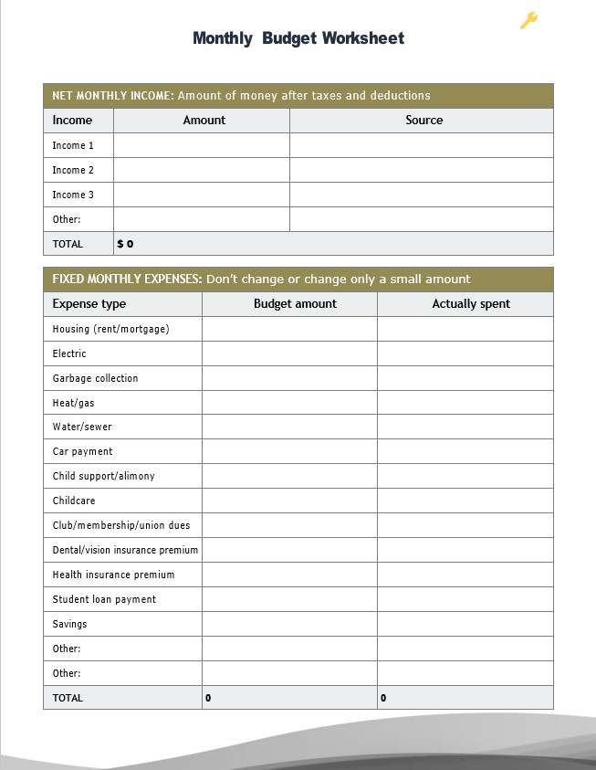 monthly expense Worksheet